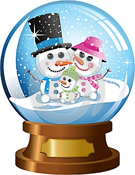 Snowglobe with Happy Snowman Family under Snowfall