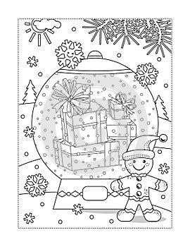 Snowglobe with heap of holiday presents and gingerbread man coloring page