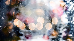Snowing Abstract pattern with snowing against winter forest and bokeh lights winter forest and bokeh lights
