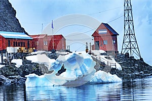 Snowing Argentine Station Blue Glacier Mountain Paradise Harbor Antarctica