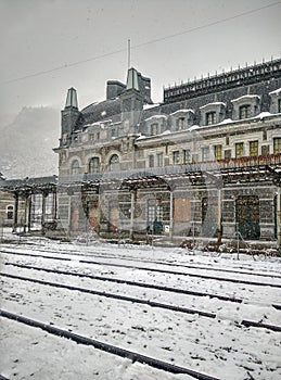 Snowing in Canfranc Huesca, Spain