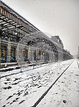 Snowing in Canfranc Huesca, Spain