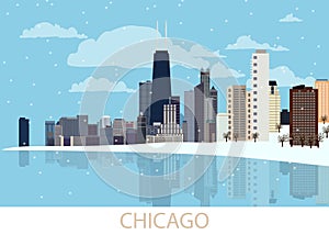 Snowing in Chicago city, America. Winter panorama of western city with nodern architecture, skyscrapers, frozen lake