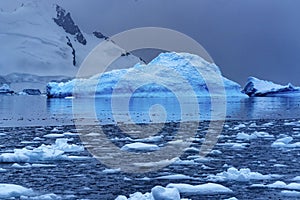 Snowing Floating Blue Iceberg Reflection Paradise Bay Skintorp Cove Antarctica