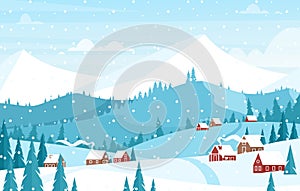 Snowing in mountains landscape flat vector illustration. Beautiful winter season view on hills with small country houses