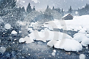 Snowing in the mountains. Snowflakes and fir trees