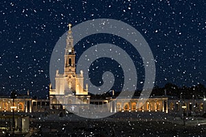 Snowing night in the Sanctuary of Fatima, Portugal.