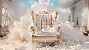 Snowing on a upholstered white chair, inside of beautiful victorian house. Minimalism style