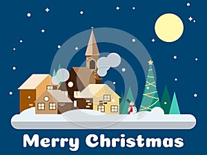 Snowing urban landscape in flat design with snow man at night times and Merry Christmas text.