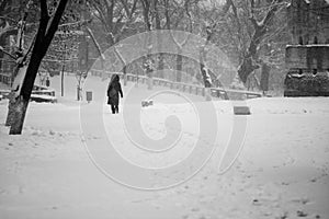Snowing urban landscape with people
