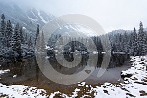 Snowing winter landscape with the lake in Tatra mountains
