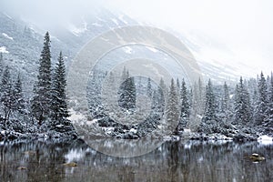 Snowing winter landscape with the lake in Tatra mountains