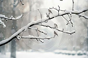 a snowladen tree branch with birds perched