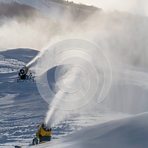 Snowmaking on a mountain slope in Park City, Utah