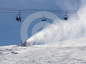 Snowmaking spraying snow