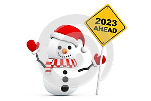 Snowman with 2023 New Year Ahead Sign. 3d Rendering