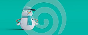 Snowman 3d character on green background. Merry Christmas and Happy new year concept 3d render