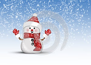Happy snowman in amusing and cute red outfit in winter scenery