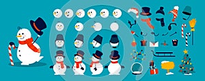 Snowman animation kit. Christmas construction elements, combinations of heads, body and arms in different poses. Winter