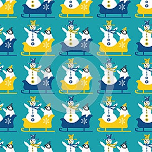 Snowman and baby penguin sledging seamless vector pattern background. Blue yellow geometric backdrop with laughing