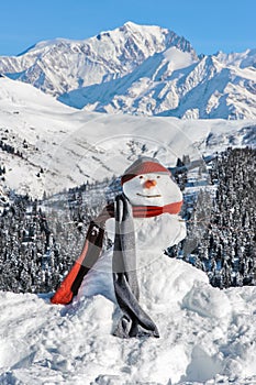 Snowman on the background of Mont Blanc