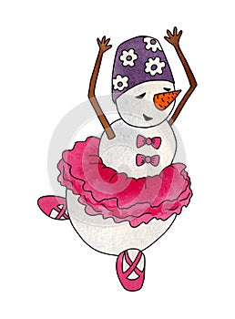 Snowman ballerina dancing in pink ballet tutu and pointe shoes