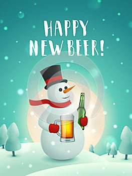 Snowman with beer new year poster.