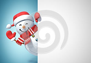 Snowman behind blank white poster, copy space greeting card template, 3d rendering