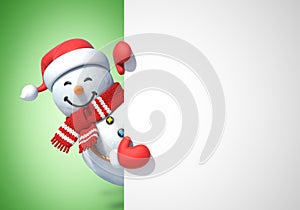 Snowman behind blank white poster, copy space greeting card template, 3d rendering