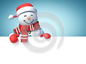 Snowman behind blank white poster, copy space greeting card template, 3d rendering