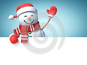 Snowman behind blank white poster, copy space greeting card template, 3d rendering