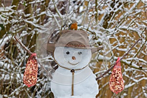 Snowman bird feeder with robin on hat
