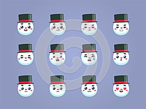 The Snowman with Black Hat. Emoticon Set. Isolated Vector Illustration