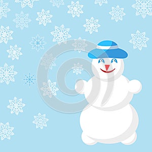 Snowman in a blue hat on a background with snowflakes. Christmas card