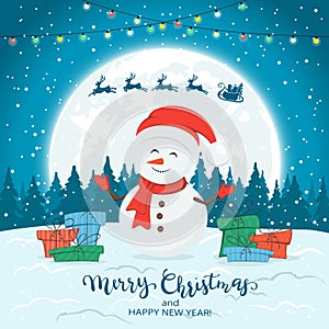 Snowman on Blue Winter Background with Gifts and Christmas Lights