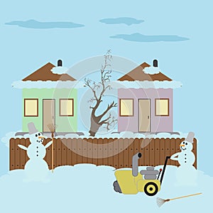 Snowman with a broom and hand snowplow