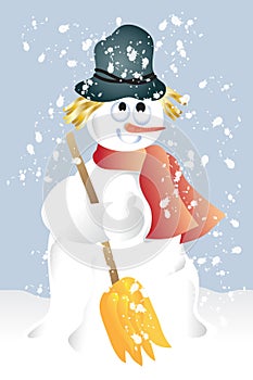 A snowman with broom hat and scarf watches the snow falling