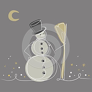 Snowman with broom and hat Trendy line drawing,poster Vector illustration.Winter seasonal holidays concept