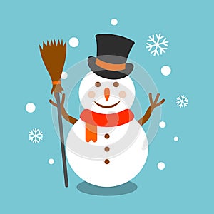 Snowman with broom and hat vector illustration