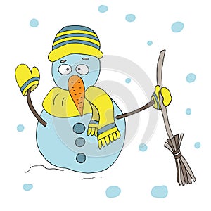 Snowman with a broom. Vector character.