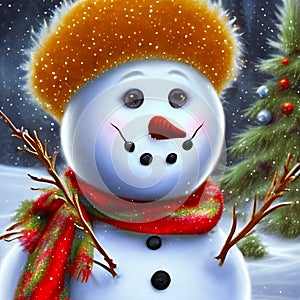 Snowman in brown fur hat and red and green striped scarf, AI generated.