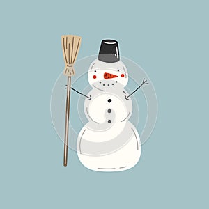 Snowman in bucket hat with a broom on a blue background. Vector illustration