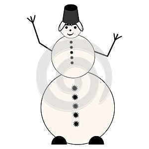 Snowman with a bucket on his head smiles and greets