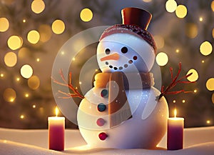 Snowman with candles and festive Christmas lights