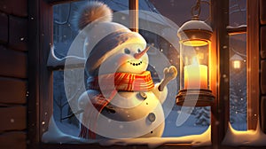 Snowman with candles and festive Christmas lights, festive season