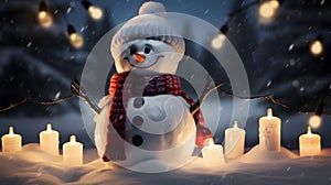 Snowman with candles and festive Christmas lights, festive season