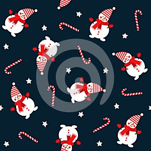 Snowman with candy cane and stars seamless pattern on dark blue background.