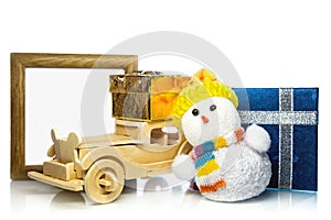 Snowman with car, gift boxes and frame