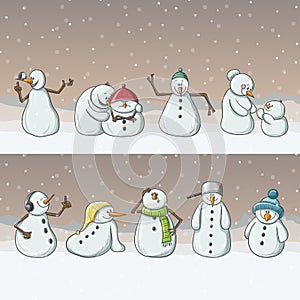 Snowman cartoon characters, standing in row in snowfall for Christmas