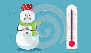 Snowman Character Freezing Next to a Thermometer Cartoon Illustration